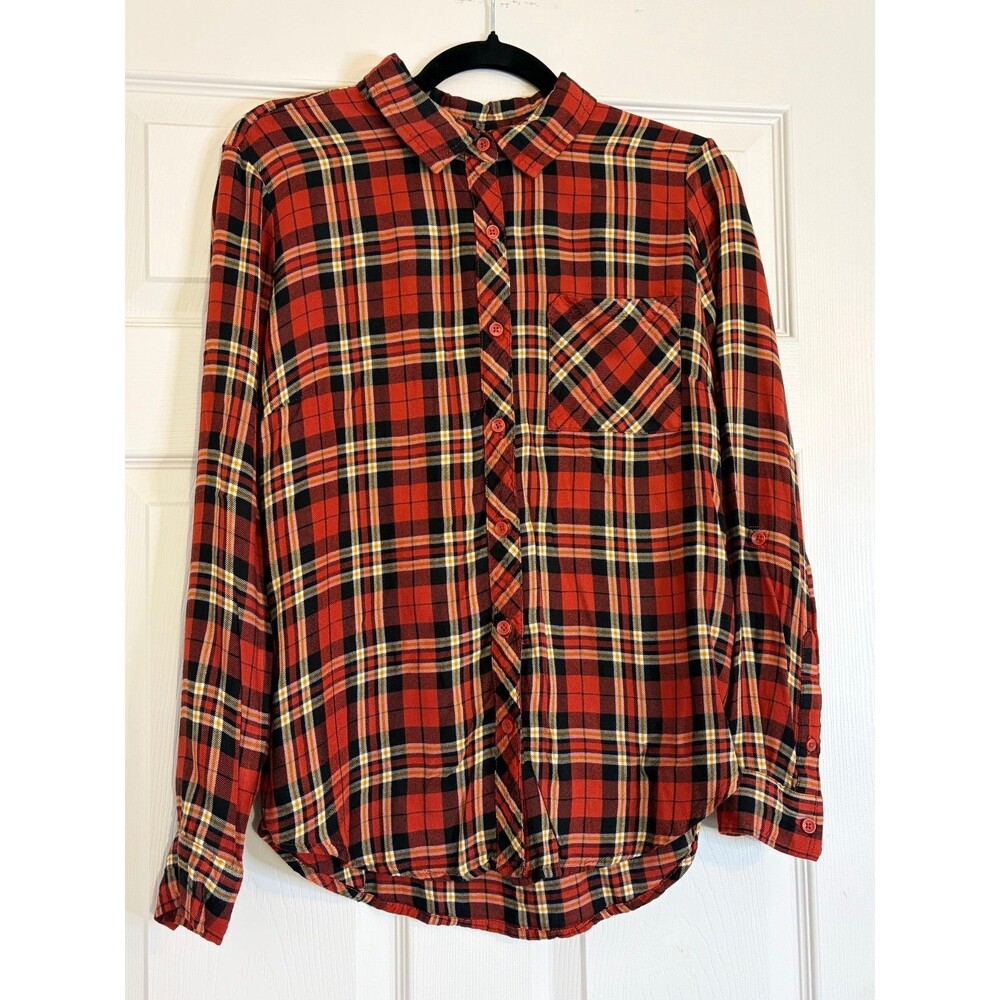 Time And Tru Shirt Women's Small 4-6 Orange Plaid Button Up Long Sleeve Pockets